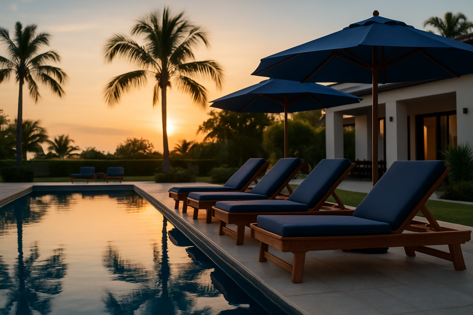 exim — alberca de hotel boutique al atardecer con camastros de madera